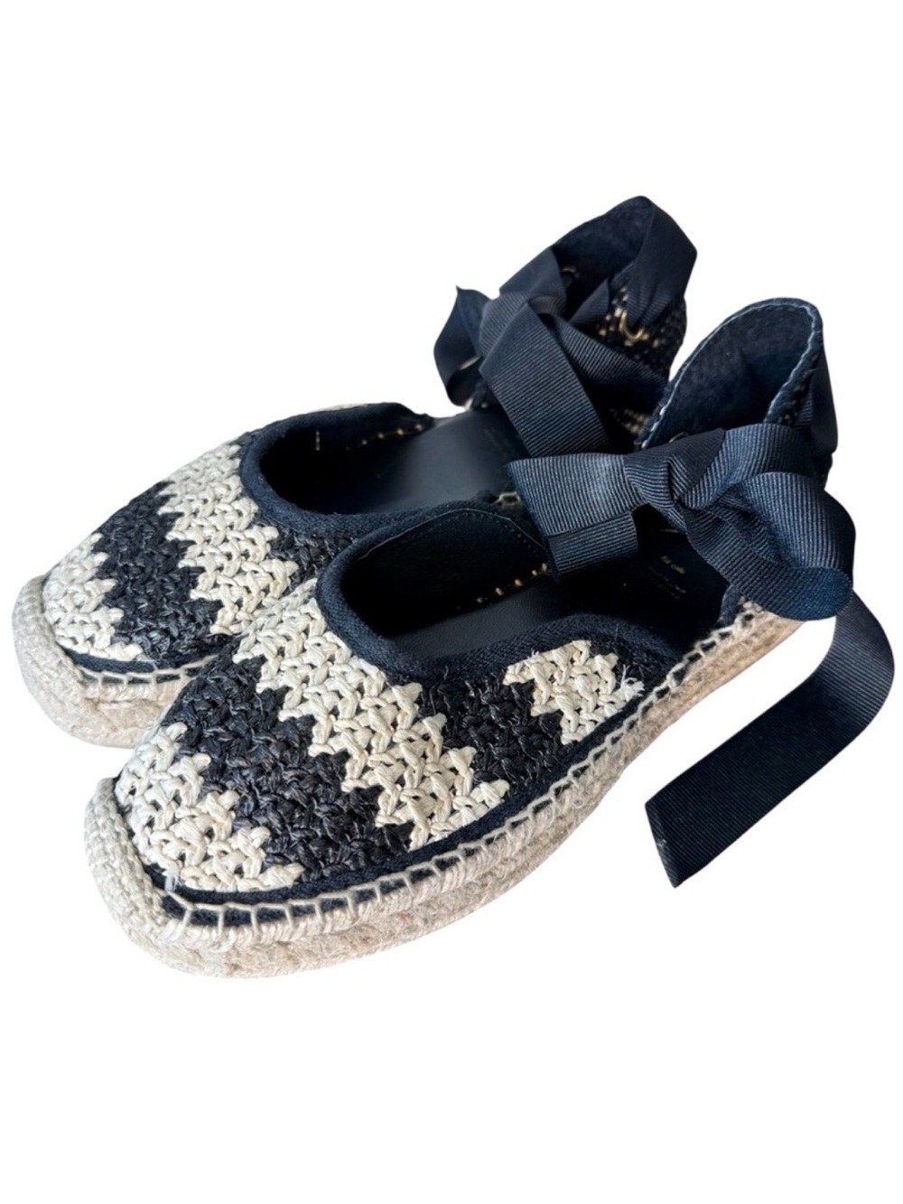 KMB New Myla Espadrilles Ankle Lace Up Platform Sandals Raffia Black Cream 38